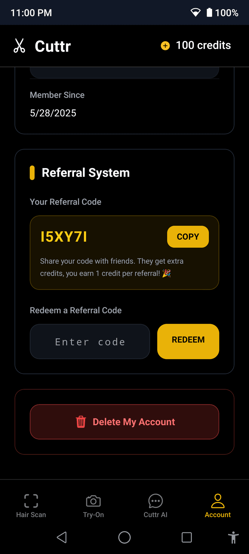 CuttrAI app showing how to delete your account - go to Account tab and tap Delete My Account
